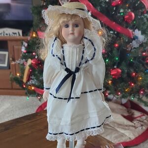 Alberon White and Blue Porcelain Doll , good condition